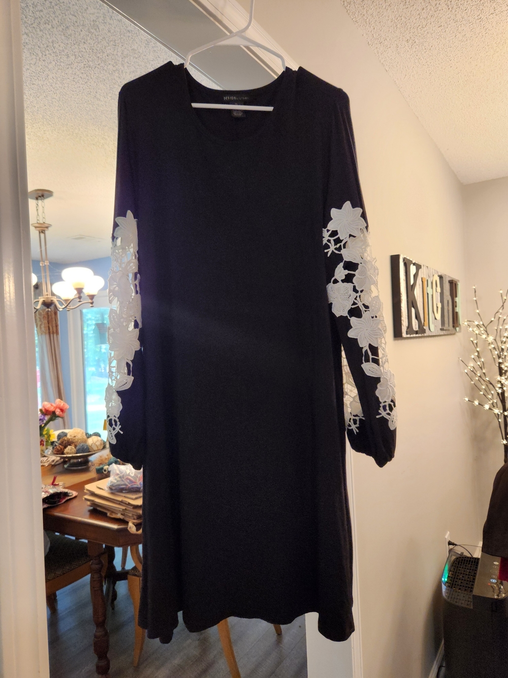 Design History Black Long Sleeve Dress with White Floral Lace Sleeves